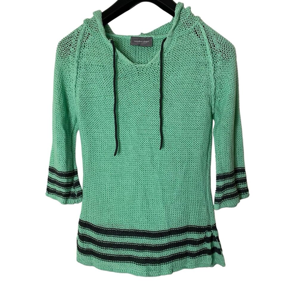 Wooden Ships Mint Green Scoop Neck Hooded Knit Sweater with Black Trim